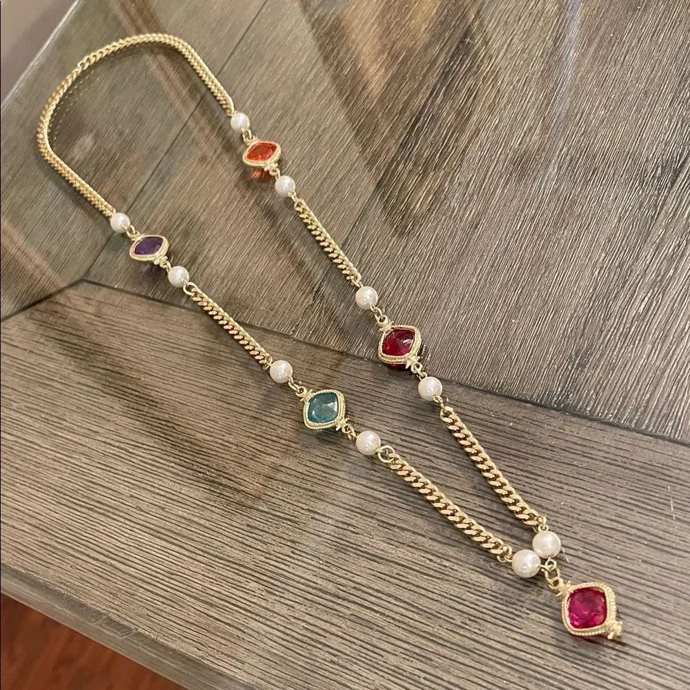 Vintage Chain Necklace with Multicolor Station Faux Gemstones & Pearls